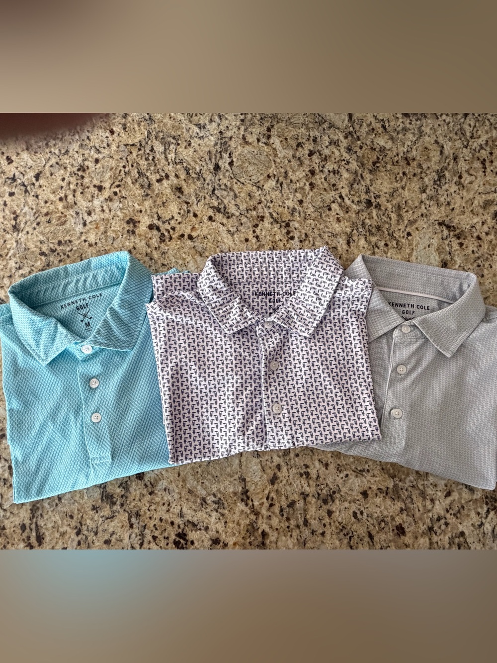Set of 3 Kenneth Cole Golf Polos: Blue/Purple Toucan, Teal, & Gray